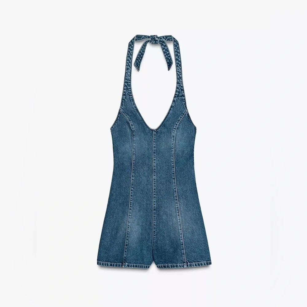 Zara TRF HALTER DENIM JUMPSUIT